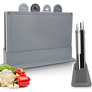 Lot De 4 Planches &Agrave; D&eacute;couper En Plastique Fonc&eacute; Avec Support Et Ic&ocirc;nes Alimentaires Faciles &Agrave; Nettoyer, Multi-Usages, Surface Antid&eacute;rapante Et Emp&ecirc;che La Contamination Crois&eacute;e Des Aliments - Neuf