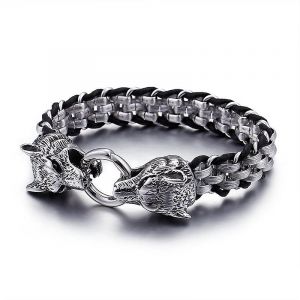 Bracelet Large R&eacute;tro En Cuir Et Acier Inoxydable Pour Homme, Motif T&ecirc;te De Dragon Double Punk Rock - Neuf