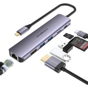 Hub USB C avec Ethernet 7 en 1 Adaptateur Type C avec HDMI 4K,2 USB 3.0,1G Ethernet,Port PD 100W,Lecteur de Carte SD/TF,pour Macbook iPad Dell Surface HP et Plus Encore.[M103] - Neuf