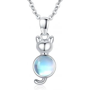 Collier De Chat Animaux Cadeau En Argent 925,Femme Collier Pierre De Lune,Pendentif Chat De Lune,Cadeaux Chat Pour Amateurs De Chat Femmes Filles - Neuf