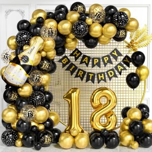 CAUC-D&eacute;corations pour 18e Anniversaire, Kit Arche Ballons Noir Dor&eacute; avec Ballons Foil Num&eacute;ro 16, Ballons Imprim&eacute;s, Banni&egrave;re Joyeux Anniversaire pour Gar&ccedil;ons et Filles, D&eacute;corations F&ecirc;te pour Homme Fem - Neuf