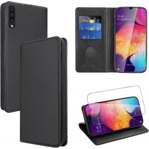 Kal-Coque Cuir Pour Samsung Galaxy A50/A50s/A30s 6.4"" Avec 1 Verre Trempé Etui À Rabat En Pu Porte-Cartes Portefeuille Support Flip Housse Magnétique Antichoc Anti-Rayures Case,Noir - Neuf