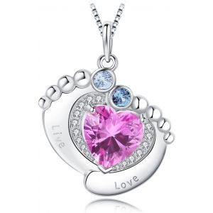 Kal-2.5ct Empreintes De Pas Amour Mignon Pieds Pendentif Taille Coeur Synthèse Rose Saphir Argent 925 Pour Femme, Ensemble Parure De Bijoux Pierre Fille, Spine Collier Chaine Cadeau 45cm - Neuf