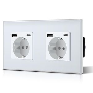 Schuko Interrupteur d'éclairage, prise, encastré, 1 compartiments, 1 voie, prise 3-en-1, puissance de charge USB 2,1 A, adaptateur de type C, station de charge, rallonge en verre, 157 mm, gris - Neuf