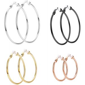 Kalhx-4 Paires Clip Sur Boucles D'oreilles Créoles Pour Femmes 4 Tailles Cerceau Bijoux Tendance Chic,Boucles D'oreilles Ensemble Pour Oreilles Non Percées Bijoux 30/40/50/60mm - Neuf