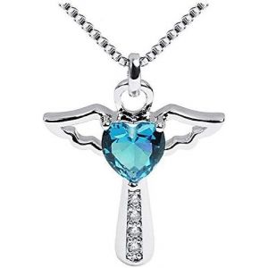 Collier Avec Pendentif En Forme D'aile D'ange Et Pierre De Naissance, Cha&icirc;ne En Forme De Coeur, Bijoux Pour Femmes Et Filles, Cadeaux Pour Mamans (Bleu) - Neuf