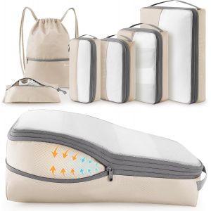 6 Pi&egrave;ces Packing Cubes Compression, Organisateur Val Bagage Sac Compression Organisateur De Voyage Rangement Pour Sac &Agrave; Dos (Beige) - Neuf