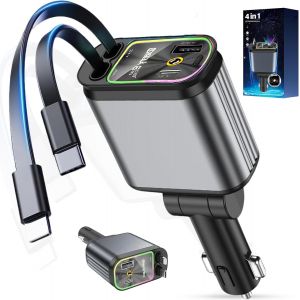 ERSAN-Adaptateur USB Voiture avec Lumi&egrave;re &Eacute;toil&eacute;e, 4 en 1 R&eacute;tractable Chargeur Voiture USB C 120W, Chargeur de Voiture R&eacute;tractables pour 12V/24V Les Accessoires Automobiles(Lightning+Type C) - Neuf