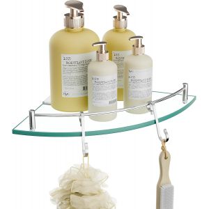 &Eacute;tag&egrave;re d'angle en Verre &Eacute;tag&egrave;re Salle de Bain Douche Tablette Murale &Eacute;tag&egrave;re en Verre Tremp&eacute; avec Porte Serviette Acier Inoxydable Poli, BGS2101A - Neuf