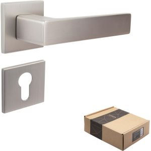 Poign&eacute;es de porte int&eacute;rieures modernes pour porte d'entr&eacute;e avec rosaces carr&eacute;es Ni&iquest;kel Mat Poign&eacute;e de porte avec mat&eacute;riel de fixation Mod&egrave;le Regulus PZ-Cylindre profil&eacute; - Neuf
