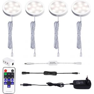 AIBOO LED Lampe Sous Meuble Cuisine avec Telecommande RF Sans Fil, Rond Ultra Slim Eclairage Encastré pour Placard, Prise Européenne, 4 Paquets Lumières LED pour vitrine 12V 8W (Blanc Chaude2700K) - Neuf