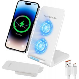 Chargeur Induction Sans Fil Rapide Pour Iphone 15 14 13 12 11 Pro Max Galaxy S25 S24 S23 S22 Google Xiaomi Etc 15W Station De Charge Compatible Avec Iphone Et Android (Blanc) - Neuf