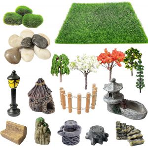 Mevronisshop-Lot De 26 Mini Accessoires De Jardin Zen, Herbe Artificielle, Arbres Mod&egrave;les, D&eacute;corations De Terrarium, Fournitures De Maison De Poup&eacute;e, Kit D'outils D&eacute;coratifs Pour Bonsa&iuml; - Neuf