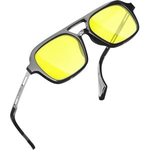Lunettes de soleil carrées rétro pour homme et femme Style vintage années 70 Double Bridge (verres jaunes), Noir - Neuf