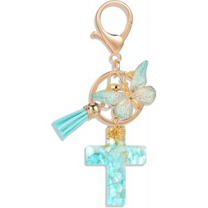 KAL-Croix Porte Clés Chrétien Bible Porte Clés Sac À Dos Charmes De Sac À Main Pour Femmes Filles, Papillon Pendentif Porte Clés, Bleu - Neuf