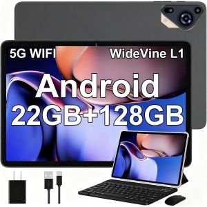 Tablette Android 14 Avec 22 Go + 128 Go (Extensible Jusqu'&Agrave; 1 To), 5G Wifi, Tablette Tactile 10 Pouces Avec Gps, Widevine L1, 8 C?urs 2,0 Ghz, 8000Mah, Tablette Avec Clavier + Souris Et Cas, Gris - Neuf