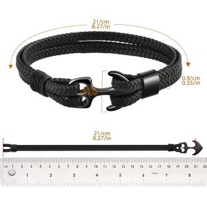 Bracelet Pour Homme En Ceinture De Cuir, Manchette Multicouche Vintage D'ancrage, Cordage - Noir Avec Ancre Noir - Neuf
