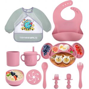 Kal-Silicone Set De Vaisselle Pour B&eacute;b&eacute;,Assiette B&eacute;b&eacute;,Set De 11 Assiettes Pour Enfants Avec Ventouse,Bavoir B&eacute;b&eacute; &Eacute;tanche,Assiette Silicone Antid&eacute;rapante Bpa Free (Rose) - Neuf