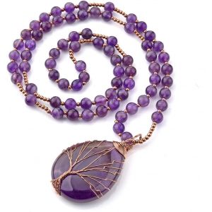 Pendant Necklace Natural Stone Beads Chain Retro Diy Tree Of Life Copper Wire Teardrop Shape Energy Precious Stone - Neuf