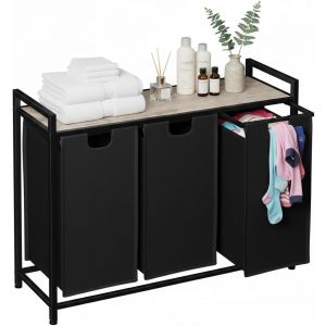 MEVRONISSHOP-Panier &agrave; linge avec 3 compartiments, panier &agrave; linge, 43 L x 3, sacs de rangement en tissu Oxford amovibles et amovibles, cadre en acier et &eacute;tag&egrave;re sup&eacute;rieure, 92 x 30 x 72,2 cm EHLS03GY - Neuf