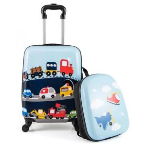 COSTWAY Valise Enfant à Roulettes 16¿¿ + Sac à dos 13¿, Ensemble de Bagage Enfants, Motif Voiture, voyages en avion, Bleu - Neuf