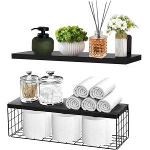 Lot de 2 &Eacute;tag&egrave;res Murales Flottantes en Bois Noir de 40 cm avec Panier M&eacute;tallique, pour Maison, d&eacute;coration Murale, Salle de Bain, Cuisine, Salon, Bureau, Naturel Noir - Neuf