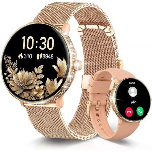 Montre intelligente HD AMOLED 1,54"" pour femme, r&eacute;ponse/appels, IP68, tracker de fitness avec sommeil, fr&eacute;quence cardiaque SpO2, moniteur de pression art&eacute;rielle, or rose avec 2 bandes - Neuf