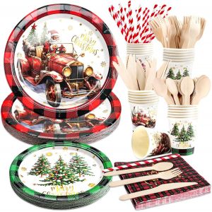 Checarzhn--No1-192pcs Ensemble De Vaisselle De Noël Assiettes Et Serviettes En Carto Motif Écossais Rouge Camion Arbre De Noël Décorations De Fête Denoël, 24 Invités - Neuf
