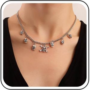 Kales-Collier Pendentif Crâne Punk Collier Crâne Gothique Collier Ras Du Cou Argent Collier Crâne Squelette Collier Os Crâne Halloween Collier Chaîne Squelette Humain Bijoux Pour Femmes - Neuf