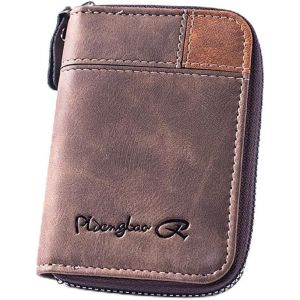 TRAHOO-Porte-cartes RFID, portefeuille fin avec blocage RFID, porte-cartes de cr&eacute;dit en cuir avec fermeture &eacute;clair, cadeau pour homme et femme (marron), marron, Slim, Minimaliste - Neuf