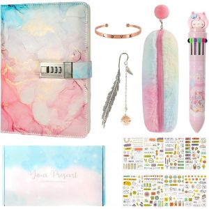 JEXNOVASHOP-Journal Intime Fille de 7 8 9 10 11 12 13 Ans, Journal Intime avec Cadenas,A5 en Cuir PU,Cahier Secret pour Fille,Carnet Secret avec Cadenas, Autocollants, Stylo, Trousse, Bracelet - Neuf