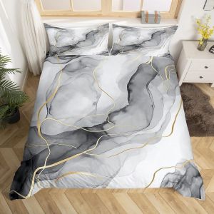 Double (Sans Couette)-Noir Blanc Gris-Parure De Lit Homewish En Marbre Violet Clair, Housse De Couette Fluide Et Abstraite Dorée Pour Homme Et Femme, Motif Marbre À Paillettes Bronzantes, Housse De - Neuf