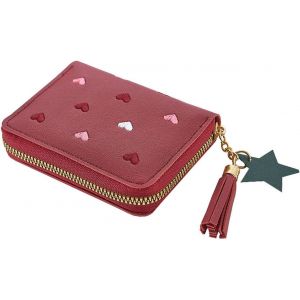 CAUC-Porte Monnaie Fille en PU Cuir,Portefeuille Femme Mignon avec Pendentif,4 Emplacements Cartes,2 Sac &agrave; Monnaie,1 Poche &agrave; Fermeture &Eacute;clair,Moins de 10 Euros,Bordeaux - Neuf