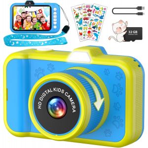 Appareil Photo Enfant, 3,5 Pouces Grand Écran 1080P Appareil Photo Numérique Enfant avec Objectif Zoom Rotatif à 360° Flash LED Carte de 32 Go, Caméra Vidéo Cadeau pour Enfants 3 à 12 Ans - Neuf