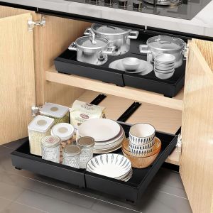 Jexnovashop-Tiroir Coulissant T&eacute;lescopique Extensible Pour Cuisine, Largeur Ajustable 32-52cm, Installation Sans Per&ccedil;age Ni Clouage, Pour Salle De Bain Salon (Noir) - Neuf