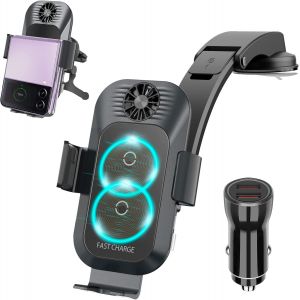 15W Chargeur Sans Fil Voiture Support De T&eacute;l&eacute;phone, Double Bobine Qi Chargeur Induction Voiture Avec Rapid Adaptateur Chargeur Qc 3.0 Pour Samsung Galaxy Z Flip 4/3/2 Iphone14/13,Huawei,Noir - Neuf