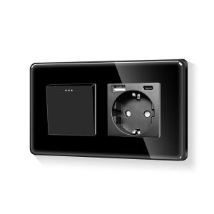 Schuko Interrupteur rond 1 voie en verre - Interrupteur marche/arr&ecirc;t avec prise murale de 20 W - Cadre en verre A+C - Prise murale blanche - Noir - 110 &agrave; 250 V - 157 mm (neutre n&eacute;cessaire) - Neuf