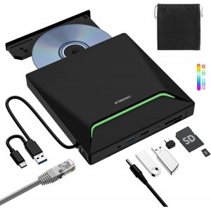 Le Plus Récent Lecteur DVD Externe,USB 3.0 Graveur CD avec Adaptateur Ethernet RJ45,3 Ports USB et 2 Ports pour Carte TF/SD,Lecteur CD Externe pour PC Laptop MacBook Windows Linux Mac OS - Neuf