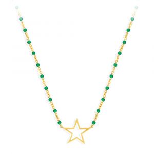 Collier Argent Dor&eacute; &Eacute;toile Et Pierre Onyx Vert - Neuf