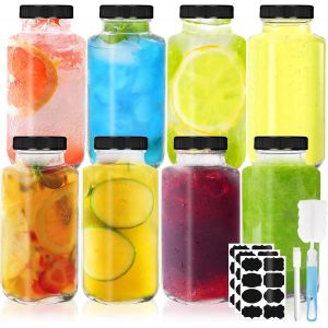 Jexnovashop-8pcs Bocal En Verre Avec Couvercle,Bouteille Verre 250ml,Avec Pinceau, &Eacute;tiquette Et Stylo,Pour Les &Eacute;pices,Les C&eacute;r&eacute;ales,Les Assaisonnements,L'artisanat,R&eacute;utilisable - Neuf