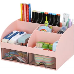 Organisateur de Bureau avec 2 Tiroirs, 19CM x 14CM Organisateur de Bureau Multifonctionnel Porte-Stylo de Grande Capacité Organisateur de Maquillage pour Bureau École Maison Tableau (Rose) - Neuf