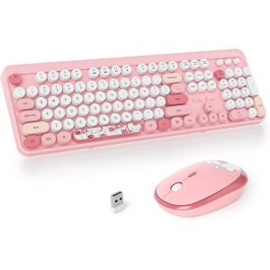 Ensemble Clavier Et Souris Sans Fil,Clavier De Machine À Écrire,2.4Ghz Clavier De Machine À Écrire À Touches Rondes Avec Pavé Numérique,Clavier De 104 Touches(Américain Qwerty)(Bear Pink) - Neuf