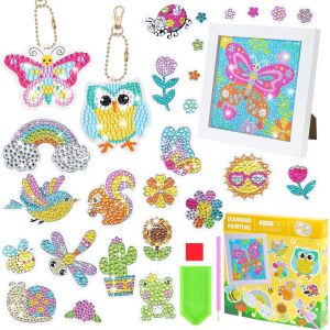 Oayew-Kits D'art Diamant Pour Enfants, Peinture Diamant 5d Par Num&eacute;ros Avec Cadre Photo, 2 Porte-Cl&eacute;s Et 25 Autocollants Animaux Pour Enfants D&eacute;butants - Neuf