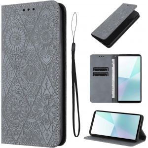 Kal-Étui Pour Sony Xperia 10 Vi Cuir Artificiel Coque Sony Xperia 10 Vi Avec Fente Pour Carte Coque Xperia 10 Vi Motif De Fleurs Béquille Housse Gris - Neuf