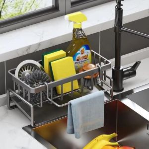 Rangement Organisation de Cuisine,Organisateur d'évier en avec bac d'écoulement Automatique pour Porte Eponge,Porte Serviettes,Gris - Neuf