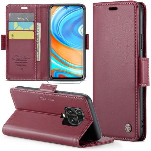 Kal-Coque Pour Xiaomi Redmi Note 9s/Redmi Note 9 Pro+ 2 Pi&egrave;ces Verre Tremp&eacute;,Antivol,Prend En Charge Le Chargement Sans Fil, Pochette Fermeture Magn&eacute;tique Flip Case-Bourgogne - Neuf