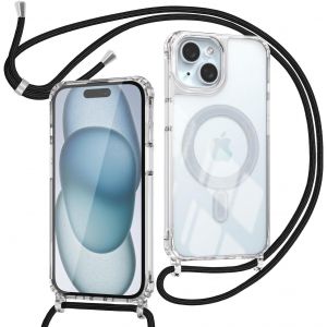 Coque Pour Iphone 15 Avec Cordon Compatible Avec Magsafe, Housse Magn&eacute;tique Transparente &Eacute;tui Avec Collier R&eacute;glable R&eacute;sistant Silicone Case, Cha&icirc;ne Noir - Neuf