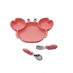 Séparateur Pour Bébé Avec Ventouses,Ensemble Cuillère Et Fourchette Pour Bébé,Plateau En Silicone Pour Enfants Avec Ventouses,Couverts Pour Bébé,Assiette Et Couverts Pour Enfants - Crabe - Neuf