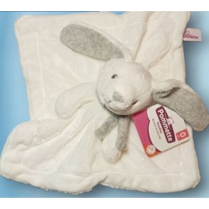 Doudou lapin blanc gris plat Pommette jouet peluche b&eacute;b&eacute; - Neuf