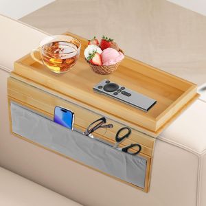 SUBZONAL-Plateau d'Accoudoir de Canap&eacute; en Bambou Naturel, Plateau pour Accoudoir Canap&eacute; avec Sac de Rangement, Pliable et Antid&eacute;rapant, Table d'Appoint pour Collations, Tasses et Accessoires - Neuf